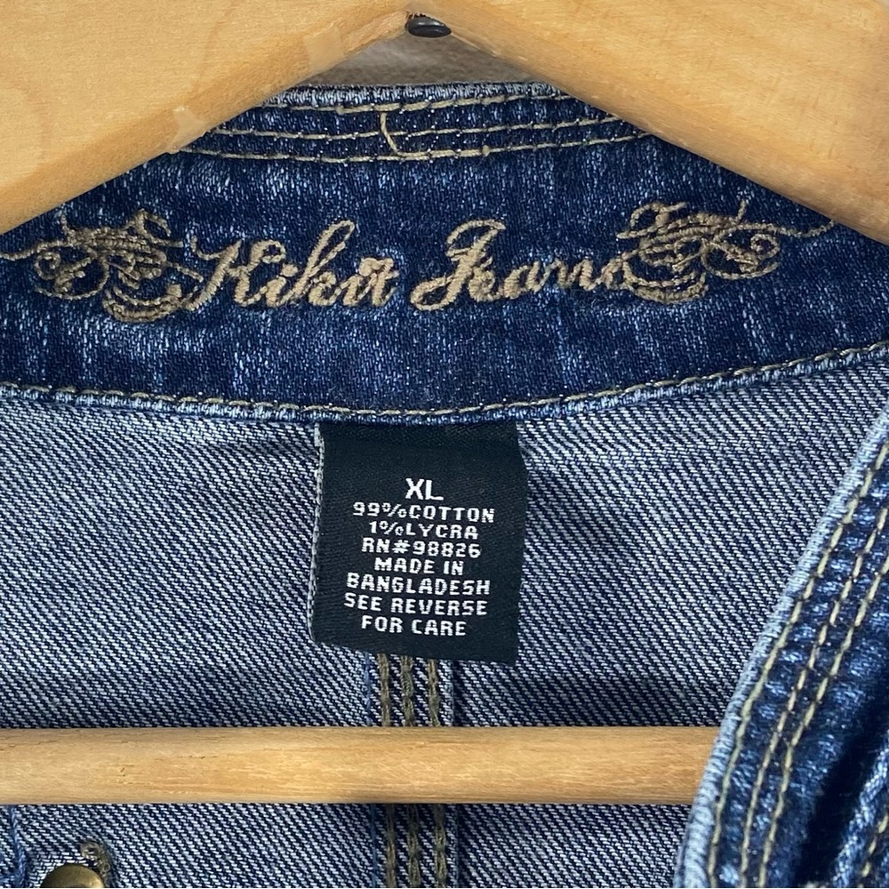 Kikit Jeans Frayed Raw Edge Distressed Trucker Blue Denim Jean Jacket Stretch XL - Picture 6 of 10